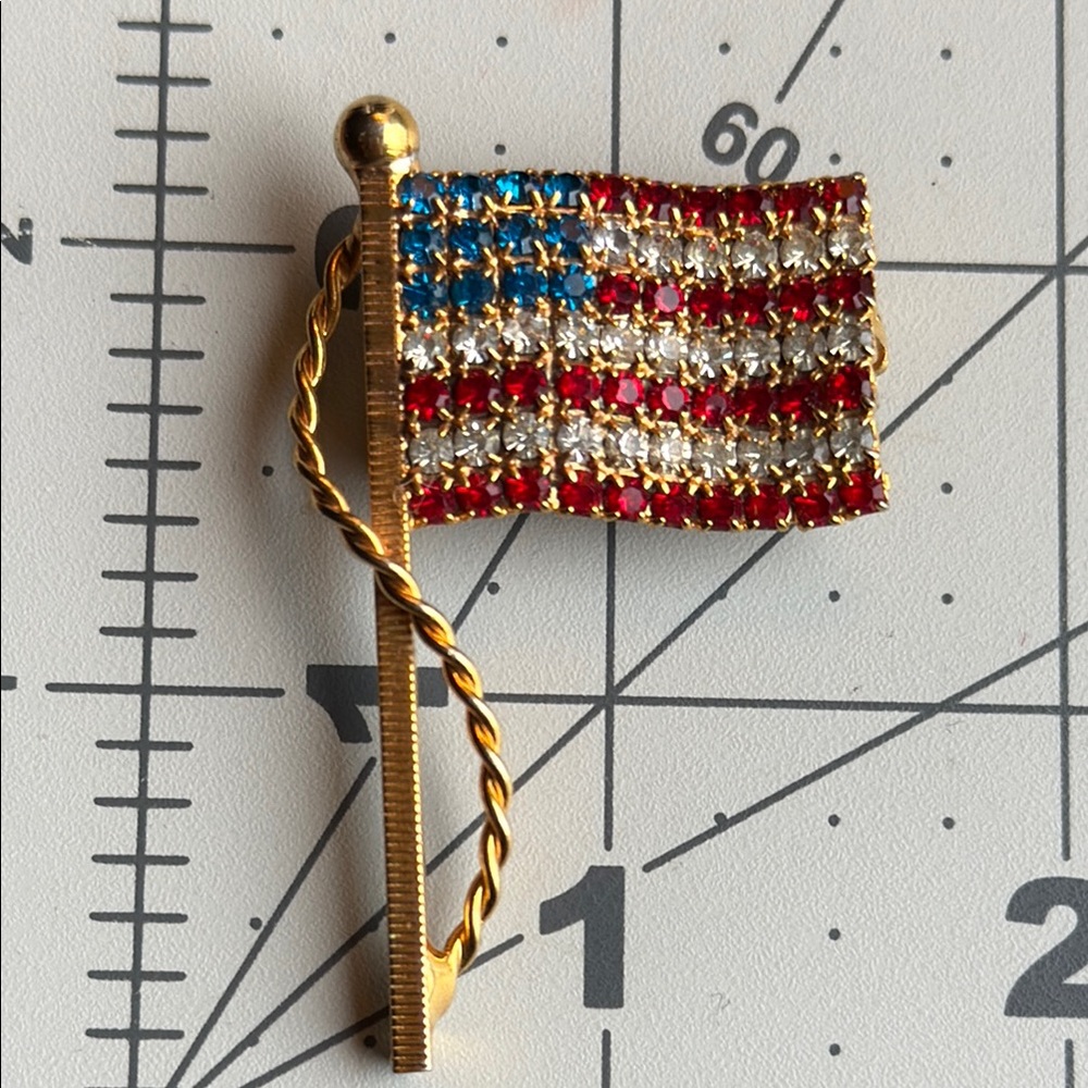 Vintage American Flag Rhinestone Brooch, gold toned clear, red, blue rhinestones